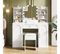 kowdom Coiffeuse avec Miroir LED et Tabouret, lumière réglable 3 températures, 1 tiroir, 2 Portes, pour Chambre à Coucher, Blanche, 110x40x132 cm