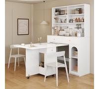 kowdom Ensemble d'armoire de cuisine avec table à manger pliable, table de bar sur roulettes, buffet haut avec espace de rangement, MDF, blanc, 120 x 45 x 180 cm
