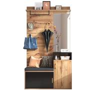 kowdom Ensemble vestiaire avec miroir et armoire à chaussures - Garde-robe de couloir en bois noir avec banc, tringle à vêtements et 4 crochets - Ensemble de garde-robe multifonction pour entrée et