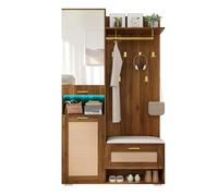 kowdom Garde-robe avec LED et miroir - Armoire avec 3 portes aspect rotin, armoire à chaussures et banc, 6 crochets dorés, penderie de couloir avec LED APP 16 couleurs, noyer/blanc, 110 x 38 x 190 cm
