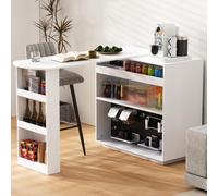 kowdom Îlot de cuisine autoportant et extensible avec éclairage LED, rotatif à 360°, longueur réglable de 120 à 180 cm, espace de rangement avec portes coulissantes en verre, pour cuisine, salle à