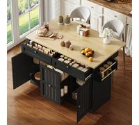 kowdom Ilot de cuisine avec roulettes et plan de travail pliable Noir | 45-70 cm de profondeur, 4 zones de tiroir, étagère à épices et porte-serviettes - mobile, compact et extensible si nécessaire