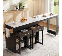 kowdom Ilot de cuisine avec table de bar extensible et portes en verre Noir | Jusqu'à 217 cm, 7 roulettes, 2 tiroirs et étagères réglables - Flexible pour manger et travailler