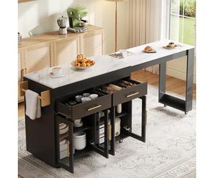 kowdom Ilot de cuisine avec table de bar extensible et portes en verre Noir | Jusqu'à 217 cm, 7 roulettes, 2 tiroirs et étagères réglables - Flexible pour manger et travailler