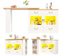 kowdom îlot de cuisine, avec table extensible de 135 à 203 cm et éclairage LED, table de bar multifonctionnelle, avec 4 tiroirs, chariot de cuisine avec étagère à vin, buffet avec espace de rangement