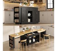kowdom Îlot de cuisine extensible autoportant, 142 à 340 cm, avec deux tables, îlot de cuisine mobile avec roulettes et prises, armoire de cuisine avec plan de travail et espace de rangement, table de