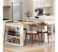 kowdom Ilot de cuisine mobile avec multiprise et table pliante - Table à manger extensible blanche, MDF/verre, 83 x 46-146,5 x 96 cm, bloc de cuisine mobile et buffet