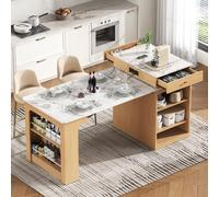 kowdom Ilot de cuisine mobile avec prises et table à manger extensible - Naturel, MDF/verre, 71 x 80 x 92 cm, table de bar et buffet avec espace de rangement