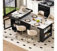 kowdom Ilot de cuisine mobile avec prises et table extensible - Noir avec plateau en marbre blanc, MDF/verre, 71 x 80 x 92 cm, table de bar mobile et buffet