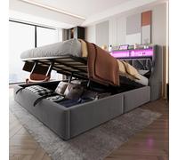 kowdom Lit double rembourré 180 x 200 cm avec hydraulique et LED, velours gris, USB/Type-C, tête de lit rabattable, sommier à lattes inclus