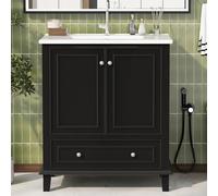 kowdom Meuble bas de salle de bain noir 73 cm, lavabo en céramique, 2 portes, tiroir silencieux, entièrement laqué, imperméable, pieds en bois massif, 73 x 45 x 87 cm