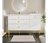 kowdom Meuble de lavabo de 120 cm de large, blanc avec doré, lavabo en céramique, 2 tiroirs à gauche, double tiroirs et armoire à droite, meuble de salle de bain moderne, 120 x 47 x 80 cm