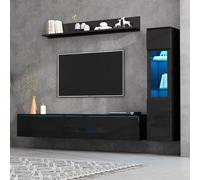 kowdom Meuble multimédia avec vitrine, LED RVB et push-to-open, noir, 3 | Socle TV de 180 cm, vitrine haute et étagère murale avec lumière APP et rabat hydraulique