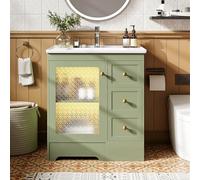 kowdom Meuble sous lavabo de 80 cm avec LED et application, poignées dorées, verre gaufré, vasque en céramique, armoire de salle de bain avec repose-pieds, vert, 80 x 50 x 87 cm