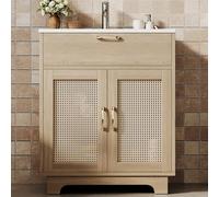 kowdom Meuble sous lavabo naturel avec rotin - Compartiment rabattable - Double porte à fermeture douce - Bassin en céramique - Pieds hauts - Meuble de salle de bain Boho - 76 x 46 x 88 cm