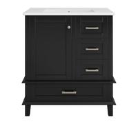 kowdom Meuble sous lavabo noir 76 cm, entièrement laqué, 3 tiroirs silencieux, étagère de porte, lavabo en céramique, étagères réglables, pieds en bois massif, 73 x 46 x 84 cm
