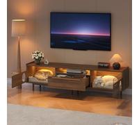 kowdom Meuble TV bas en noyer avec LED et compartiment pour chat 180 cm | 2 portes avec accès pour chat, verre trempé, 1 tiroir, aspect milieu du siècle, MDF/aggloméré, jusqu'à 25 kg