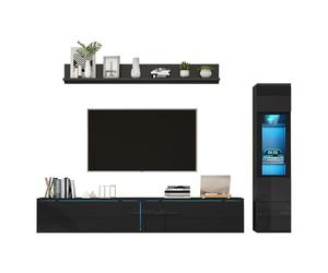 kowdom Meuble TV dans le cadre d'un meuble de salon pour téléviseurs jusqu'à 200 cm, ensemble de 3 pièces avec vitrine et étagère suspendue, noir brillant, éclairage LED avec contrôle par application