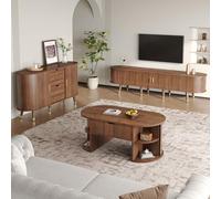 kowdom Mid-Century Ensemble de salon 3 pièces avec espace de rangement | Buffet, meuble bas et table basse avec plateau de levage | Portes coulissantes, nervures verticales, poignées dorées, noyer