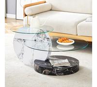 kowdom Table basse avec espace de rangement et plateau en verre | 90 x 70 x 44 cm, aspect marbre/travertin, noir et blanc, pour une utilisation flexible autour du canapé