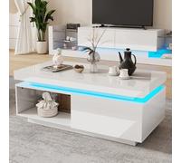 kowdom Table basse avec LED, 1 tiroir et finition brillante | 100 x 50 x 40,3 cm, blanc, pour une utilisation flexible autour du canapé