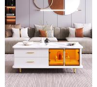 kowdom Table basse avec LED, 2 tiroirs et détails en verre | 100 x 50 x 40 cm, aspect marbre/travertin, blanc, contrôle de l'éclairage par application, pour une utilisation flexible