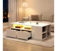 kowdom Table basse avec LED, 2 tiroirs et finition brillante | 100 x 50 x 35 cm, blanc, contrôle de l'éclairage par application, pour une utilisation flexible autour du canapé