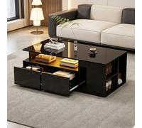 kowdom Table basse avec LED, 2 tiroirs et finition brillante, noir | 100 x 50 x 35 cm, noir, contrôle par application de l'éclairage, comme étagère fonctionnelle dans le salon