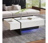 kowdom Table basse avec LED, 3 tiroirs et finition brillante | 105 x 60 x 35 cm, aspect marbre brillant, blanc, contrôle par application, pour un rangement ordonné dans le salon