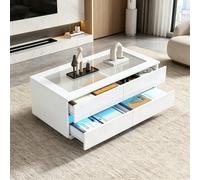 kowdom Table basse avec LED, 4 tiroirs et détails en verre, blanc | 100 x 50 x 40 cm, blanc brillant, pour une utilisation flexible autour du canapé