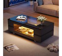 kowdom Table basse avec LED, espace de rangement et détails en verre | 100 x 50 x 35 cm, noir brillant, contrôle par application de l'éclairage, comme étagère fonctionnelle dans le salon