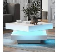 kowdom Table basse carrée brillante avec plateau rotatif à 360° et lumière LED, 70 x 70 x 36 cm, blanc, contrôlable par application, capacité de charge de 50 kg, table basse moderne