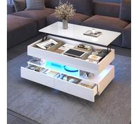 kowdom Table basse réglable en hauteur avec LED et espace de rangement 100 x 50 cm Blanc brillant - Table de salon relevable 45-58,5 cm, multifonctionnelle