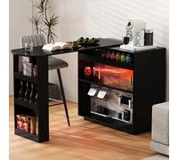 kowdom Table de bar avec plateau extensible de 120 à 180 cm - Îlot de cuisine autoportant avec éclairage LED - Buffet avec façade en verre et station de charge USB - Meuble multifonction pour bar de
