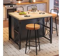 kowdom Table de bar avec tabourets de bar pour 4 personnes, noir, îlot de cuisine avec barre lumineuse LED, table debout avec espace de rangement et vitrine en verre, table de comptoir pour salon