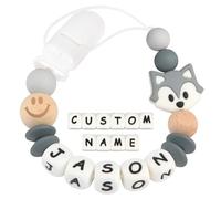 Kowlone Attache Sucette Nom Personnalisé Prenom Silicones Le renard Attache Tétine en Clips Chaîne pour Bébé Filles Garçons(Gris)