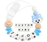 Kowlone Attache Sucette Nom Personnalisé Prenom Silicones Le renard Attache Tétine en Clips Chaîne pour Bébé Filles Garçons(Bleu)