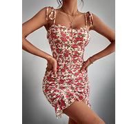 KOWPOKE Dresses for Women - Floral Print Tie Shoulder Ruched Ruffle Hem Cami Bodycon Dress (Size : X-Large)