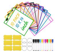 Koxtyzo 10 Pièces Pochettes Effaçables à Sec Réutilisable, A4 Pochette Transparente avec 12 Stylos Effaçables, 6 Gommes et 8 Œillets Métalliques pour Fournitures de Bureau et D'enseignement