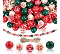 Koxtyzo 120 Pièce Perles Bois Noël, Perles en Bois de Noël Rondes 5 styles, avec Corde de Chanvre de 20 M, Colorées Décorer Artisanales pour DIY Ornements, Guirlande de Christmas