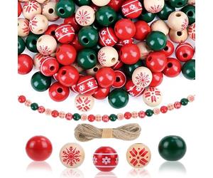 Koxtyzo 120 Pièce Perles Bois Noël, Perles en Bois de Noël Rondes 5 styles, avec Corde de Chanvre de 20 M, Colorées Décorer Artisanales pour DIY Ornements, Guirlande de Christmas