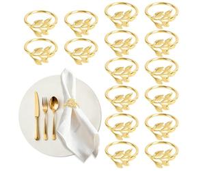 Koxtyzo 16 Pieces Rond de Serviette Doré, Porte Anneaux de Serviette en Métal, Anneau Serviette en Forme de Feuille, pour Décoration de Table, Mariage, Anniversaire, Banquet, Repas de Famille