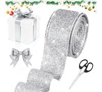 Koxtyzo Ruban de Noël Argent avec Fil Métallique - Ruban Cadeau Brillant avec Paire de Ciseaux - 10 mètres pour Décorations de Sapin, Couronnes et Emballage Cadeau