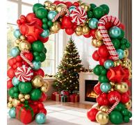 Koxtyzo150 Pièces Arche Ballon Noël, Guirlande de Ballons de Noël, Ballon de Fête avec Verts, Vert Foncé, Rouges, Dorés, Canne à Sucre, Étoile, et Ballons en Aluminium, pour Décorations