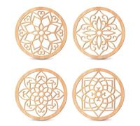 KOYILTD Lot de 4 décorations murales rustiques épaisses, motif floral sculpté, design creux en bois (forme de cercle)