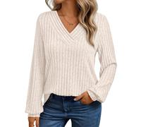 Koyojpoe 2025 Autumn Winter Casual Pullover V-Neck Ribbed Loose Long Sleeve T-Shirt Top Sweater,Abricot,S