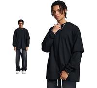 Koyojpoe Chemise Ample À Manches Longues, Streetwear Polyvalent De Marque Patchwork Deux-en-Un, Haut Décontracté À Manches Longues pour Hommes Et Femmes, Automne,Noir,XXL