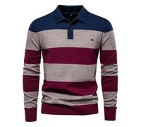 Koyojpoe Men's Long-Sleeve Polo Collar Sweater for Spring and Autumn Slim Fit Striped Patchwork Knit Top.Bleu RoiXL