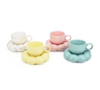 Koythin Lot de 4 tasses en céramique motif tournesol avec sous-verre en forme de nuage, 200 ml, esthétiques pour thé, latte, lait (blanc, rose, jaune, bleu)