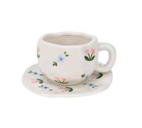 Koythin Tasse à café en céramique avec soucoupe, mignon, créatif, rose et bleu, motif floral unique, design irrégulier pour le bureau et la maison, 300 ml pour latte, thé, lait